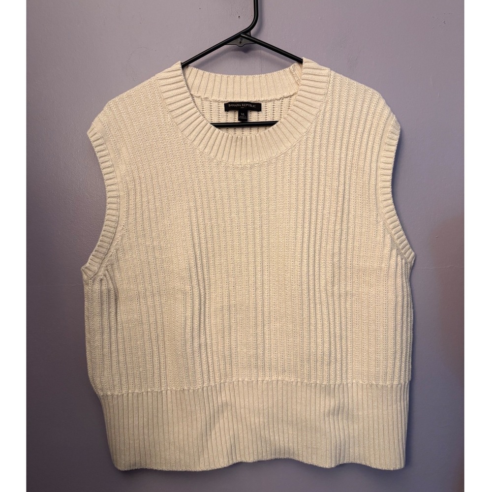 Banana Republic Cream Ribbed Knit Sweater Vest Crew Neck Cream White Chunky XL
